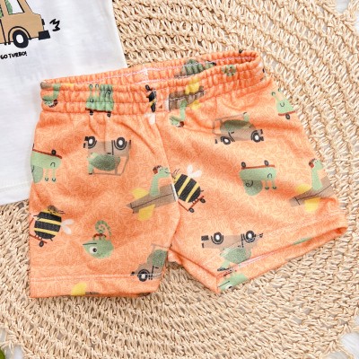 Conj. Regata Turbo Ride e Bermuda Dinos com Bichinhos - Off White e Laranja